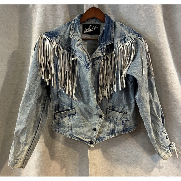 Jackets & Blazers - Vtg Winlit Acid Wash Denim Fringe Jacket Suede Tassels Western Boho Rocker M